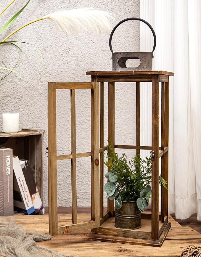 TIMRIS Large Farmhouse Wooden Metal Lantern Set of 2, Rustic Decorative Floor Candle Lanterns, Vintage Distressed Hanging Lanterns for Home Décor (No Glass)-Ruum Studio Home