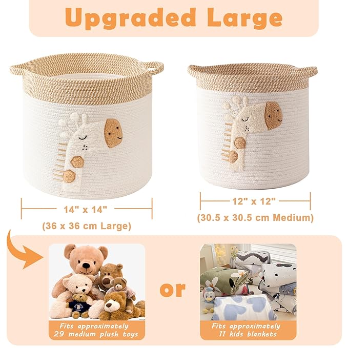Large Blanket Baskets for Living Room Decor, Toy Storage Baskets Woven Cotton Rope Storage Basket for Kids, Dog Toys Organizer Clothes Hamper with Embroidery Decor for NurseryLaundry (Large, Giraffe)-Ruum Studio Home