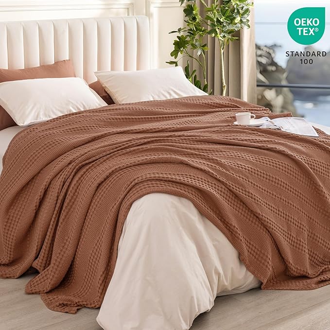 PHF Cooling Waffle Blanket Queen Size,Lightweight 60% Rayon Derived from Bamboo & 40% Cotton Breathable Blanket for Hot Sleepers, Soft and Luxury for Bed Couch and Sofa, 90"x90", Burnt Umber-Ruum Studio Home