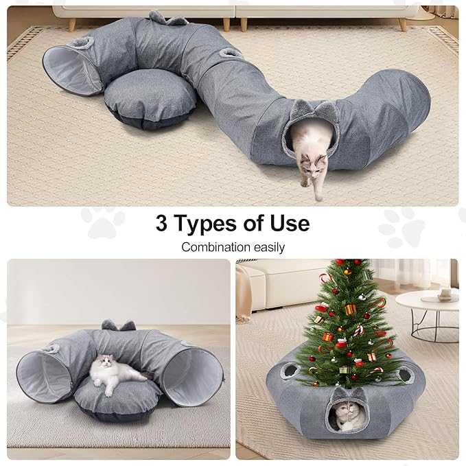 Odoland Summer Linen Cat Tunnels for Indoor Cats with Cooling Central Cat Bed, Interactive Cat Toys Detachable Soft Mat and Variety Kitty Toy Set Grey-Ruum Studio Home