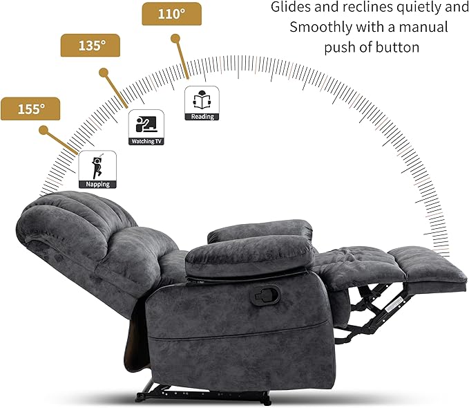 Luxlen Large Manual Recliner Chair,Soft Fabric Push Back Recliner with Overstuffed Armrest and Backrest, Living Room Single Sofa Recliners,Grey-Ruum Studio Home
