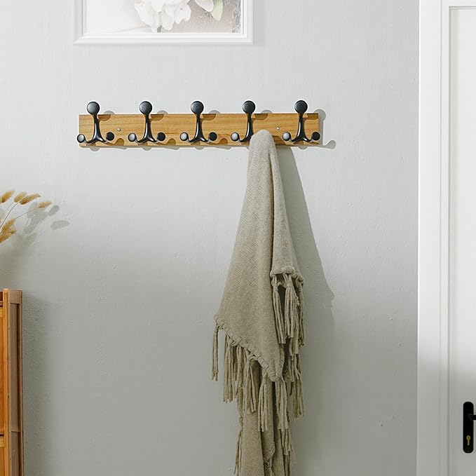 SKOLOO 24-Inch Light Brown Wood Coat Rack Wall Mount with 5 Triple Hooks - Ideal for Family Entrances, Classrooms, and Pet Supplies Storage - Perfect Coat Hooks for Wall-Ruum Studio Home