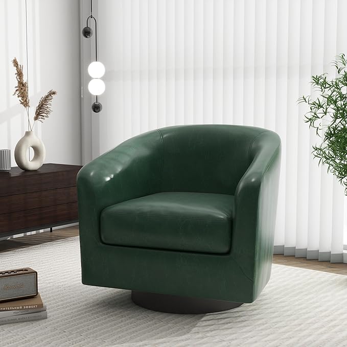 Swivel Barrel Accent Chair, Modern Round Faux Leather Arm Chair for Living Room, Bedroom, Comfy Club Reading Chairs for Adults(Faux Leather, Green, Set of 2)-Ruum Studio Home