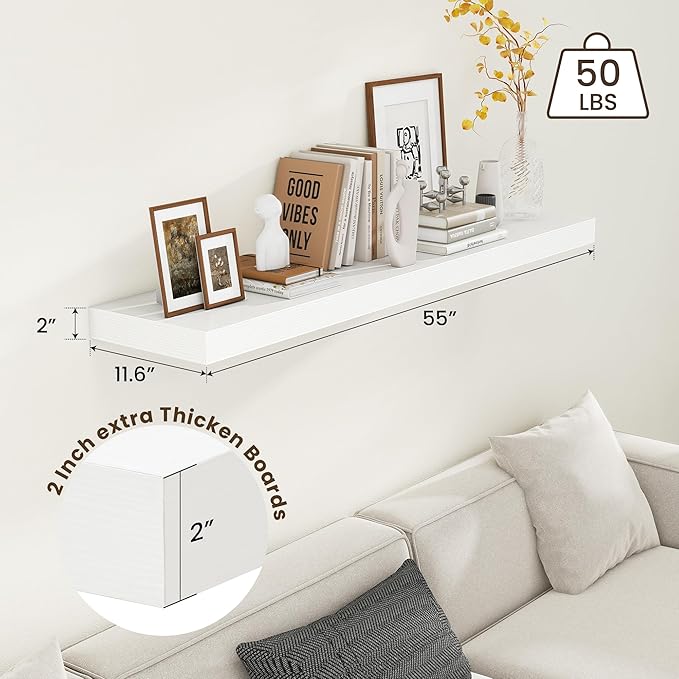 White Floating Shelves for Wall - 55 Inch Wide x 12 Inch Deep Wall Shelves Set of 1 - Rustic White Wood Shelves for Living Room, Bathroom, Laundry Room, Bedroom, Kitchen, Home Office-Ruum Studio Home