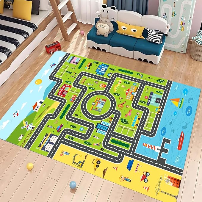 Kids Rug Playroom Car Rug Play Mat City Life Road Rugs Fun City Map for Kids Toy Cars Carpet for Bedroom Boys (Green-Rug, 5.2x7.9ft)-Ruum Studio Home