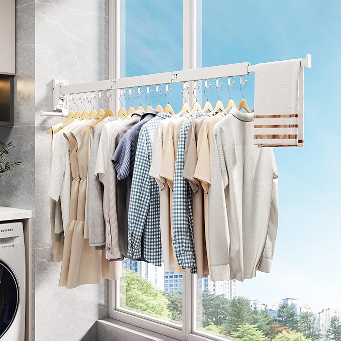 Clothes Drying Rack,Laundry Drying Rack Wall Mount, Wall Mounted Clothes Rack,Retractable,Collapsible(Tri-Fold),Drying Rack Clothing,can Fold Upward & Left & Right,Space Saver, White Color-Ruum Studio Home