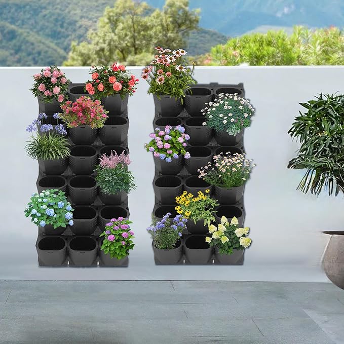 12Pieces 3-Pot Wall Planter Vertical Garden Plant Walls Wall Mounted Vertical Planter with Water-Storage Layer Stackable Wall-Mounted Flower Pot for Gardens, Balconies 180.78lbs Total Capacity (Black)-Ruum Studio Home