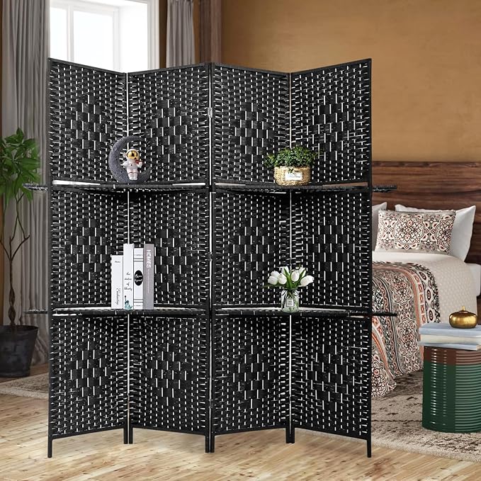 PayLessHere Room Divider Room Screen Divider Wooden Screen Folding Portable Partition Screen Wood with Removable Storage Shelves (Black, 4 Panel)-Ruum Studio Home