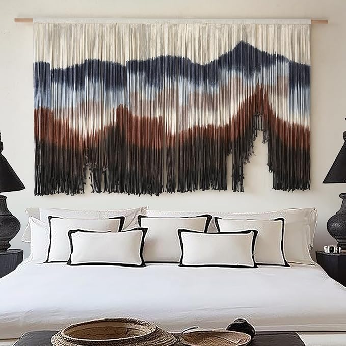 Flber Large Macrame Wall Hanging 57" W x 31" L Handmade Dip Dye Tapestry Bohemian Fiber Art Wall Hanging Mountain Inspired Wall Tapestry Neutral Rustic Wall Decor for Bedroom Living Room-Ruum Studio Home