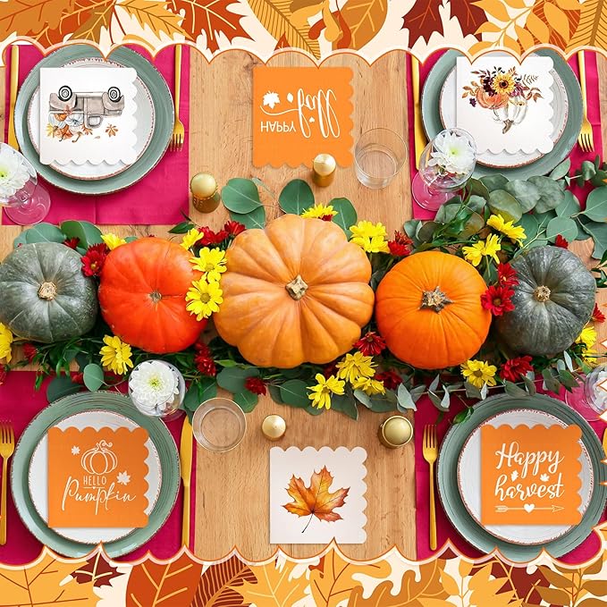 150 Pcs 5 x 5 Inches Fall Thanksgiving Paper Napkins Autumn Pumpkin Scalloped Cocktail Napkins for Decoupage Disposable Autumn Harvest Party Supply Bathroom Table Dessert Dinner Wedding Decor