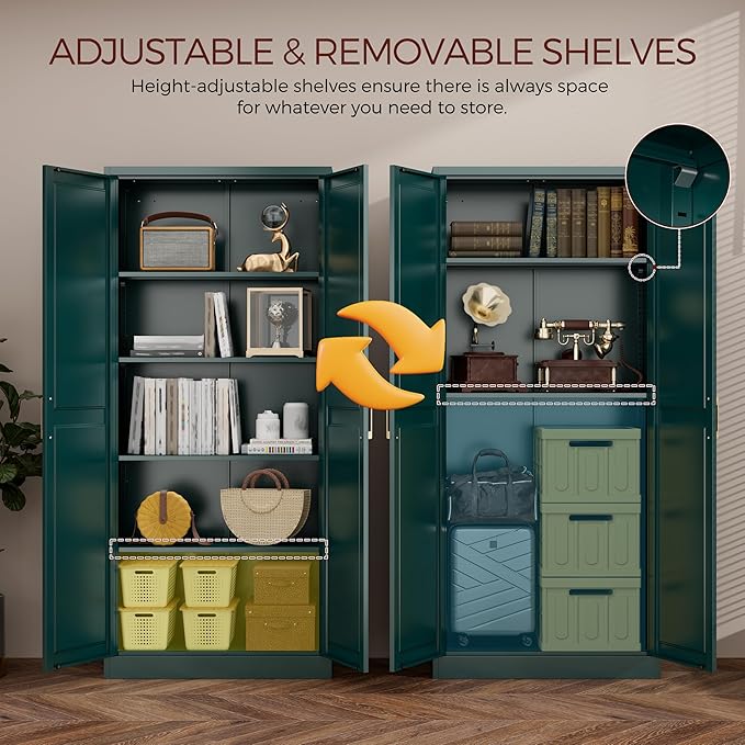 71" Metal Pantry Cabinet, Tall Kitchen Pantry Storage Cabinet with 4 Adjustable Shelves and Gold Handles, Green Cupboard for Kitchen, Dining Room, Living Room-Ruum Studio Home