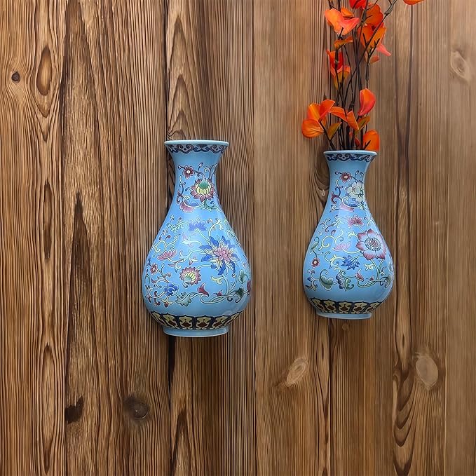 Set of Two Handmade Chinese Blue & White Porcelain Wall Mounted Vases – Chinoiserie Ceramic Flower Vase for Indoor Home Décor, Wall Hanging Vases for Living Room & Bookshelf-Ruum Studio Home