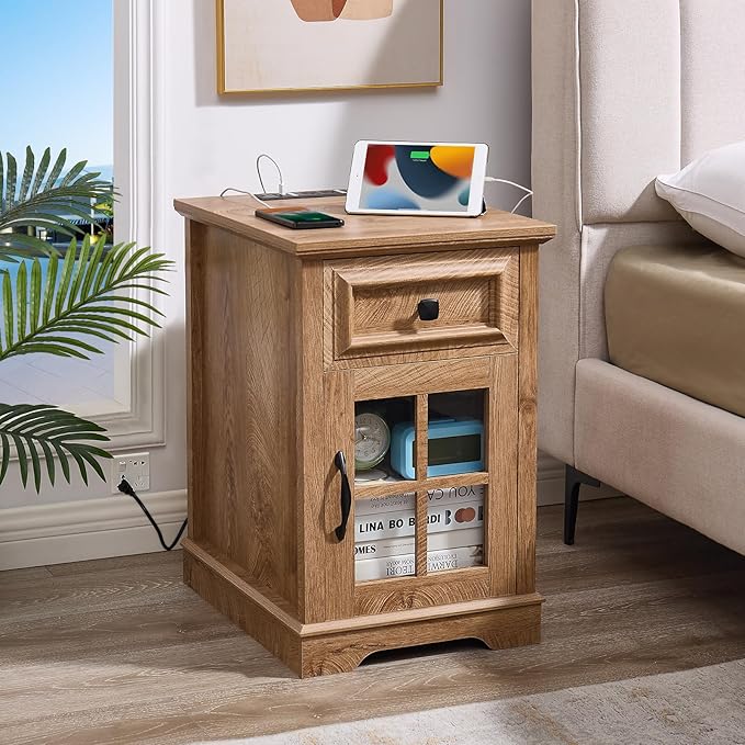 Farmhouse XXL End Table with Charging Station, Side Table with USB Ports and Outlets, Nightstand with Drawer and Glass Door Storage, Log Color Bedside Tables for Living Room, Bedroom, Office-Ruum Studio Home