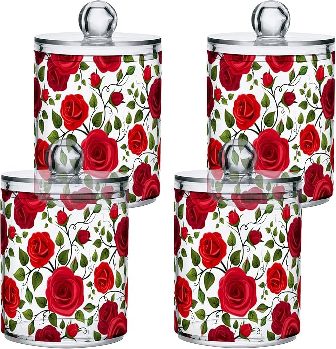 2 Pack Qtip Holder Dispenser Red Rose Flowers Bathroom Storage Canister Lid Acrylic Plastic Apothecary Jar Set Vanity Makeup Organizer for Cotton Swab/Ball/Round Pads, Floss-Ruum Studio Home