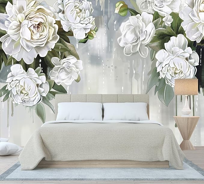 Vintage Floral Wallpaper Bedroom Hand-Painted White Peonies Flowers Wall Mural Children's Room (Not Peel and Stick)-Ruum Studio Home