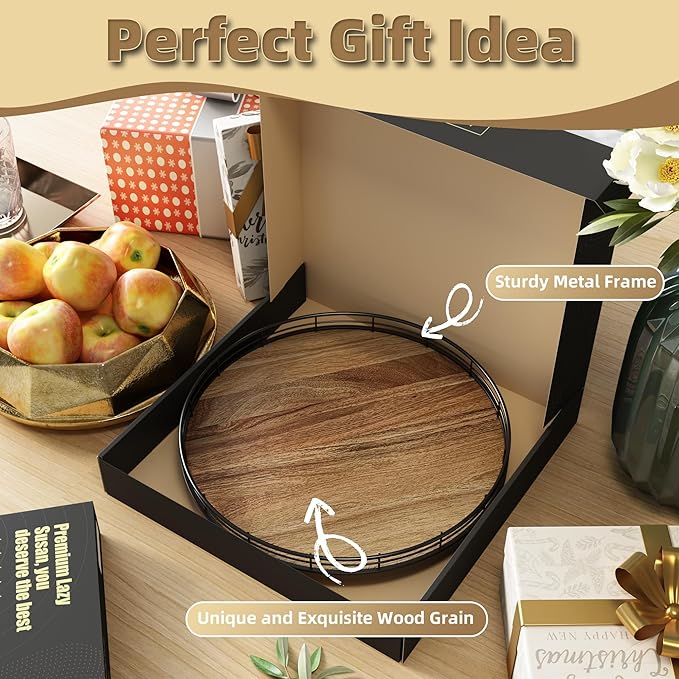 Acacia Wood 13" Lazy Susan Turntable Organizer for Table Top, Farmhouse Round Wooden Lazy Susan for Cabinet Kitchen Centerpieces Coffee Table, for Condiments Spices, Bathroom Vanity Tray Decor-Ruum Studio Home