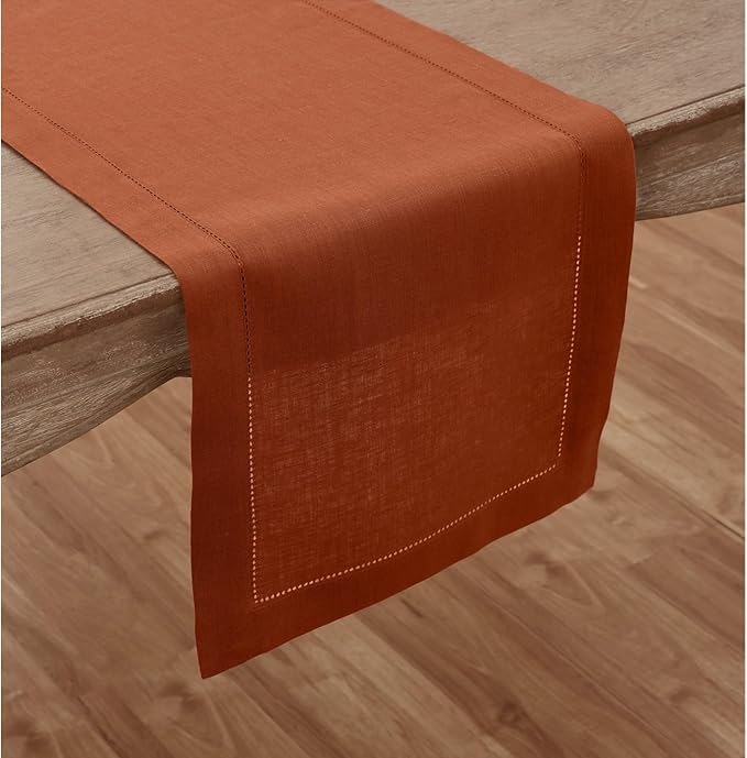 Solino Home Linen Cinnamon Hemstitch Table Runner 60 Inches - 100% Pure Linen Small Table Runner 14 x 60 Inch Ideal for Dresser and Coffee Tables - Classic Hemstitch - Fall, Halloween, Thanksgiving-Ruum Studio Home