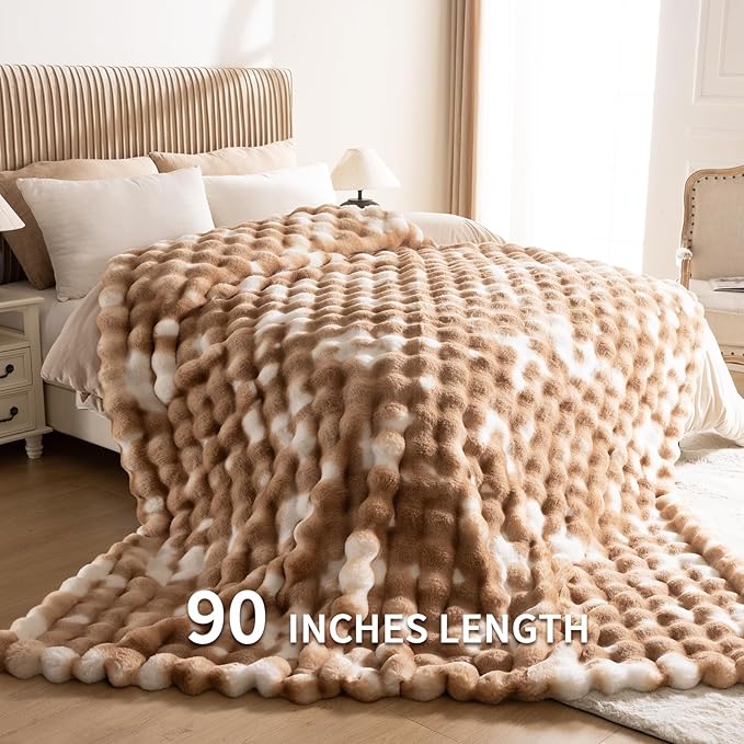 Cozy Faux Fur Throw Blanket for Bed-Warm Fuzzy Throw Blanket, Soft Plush Thick Bubble Blankets for Bedroom and Living Room, Furry Luxury Blanket, 90 x 90, Tie-Dye Brown-Ruum Studio Home