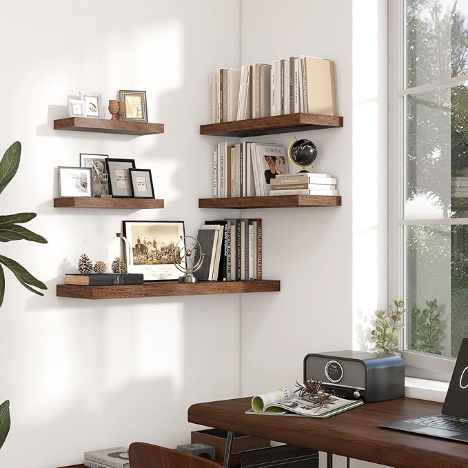 Heimlove 36 Inch Floating Shelves for Wall,10 Inch Deep Brown Wood Shelves with Invisible Brackets,Wall Mounted Storage & Display Shelves for Bedroom,Living Room,Kitchen,Office-Ruum Studio Home