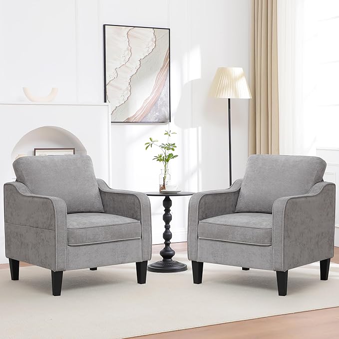 Accent Chairs Set of 2, Upholstered Living Room Chairs with Side Pockets, Mid Century Modern Reading Chair for Bedroom, Comfy Armchair Single Sofa Side Chair for Office, Small Room, Light Grey-Ruum Studio Home