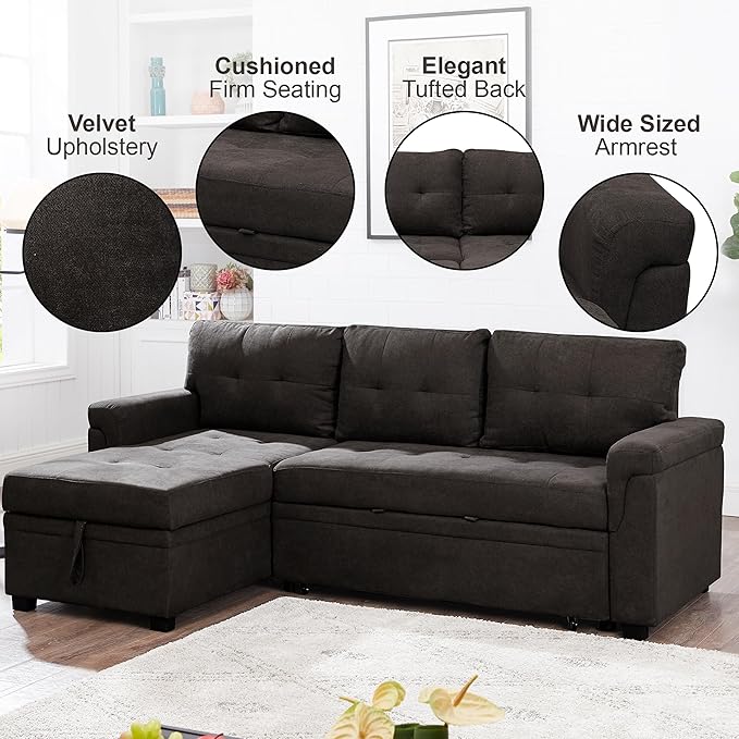 Naomi Home Transform Any Space: Sleeper Sectional Sofa with Convertible Sofa Bed & Inviting Chaise. Find Tranquil Comfort with Stress-Relieving Design & Durable Cushions - Espresso/Velvet-Ruum Studio Home