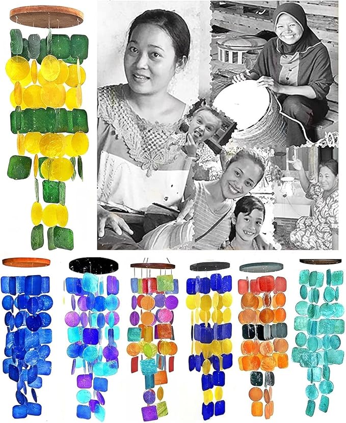 Bellaa 24896 Wind Chimes Outdoor, Garden Decorations, Musical, Indoor/Outside Windchimes, Beach, Ocean Breeze, Gifts for Mom, Gift for All Occasions, Capiz Sea Glass Shells Wood Yellow Green-Ruum Studio Home