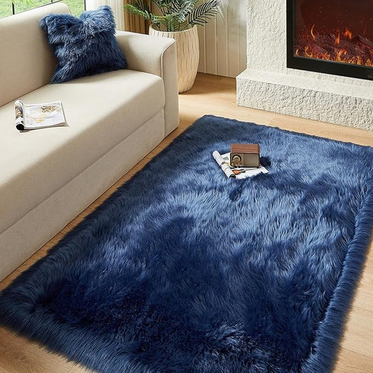 AMTOVO Faux Fur Sheepskin Rug for Living Room, 4 x 6 ft Dark Blue Fluffy Area Rug for Bedroom, Playroom, Luxury Room Decor, Rectangle-Ruum Studio Home