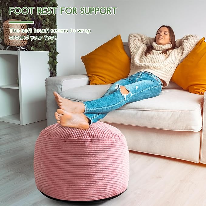 HIGOGOGO Round Stuffed Pouf Ottoman, Corduroy Poufs with Foam Chunk Filling, Furry and Fluffy Pouf Foot Stool Storage Ottoman, 26 X 18 Floor Poufs Foot Rest for Living Room, Pink-Ruum Studio Home