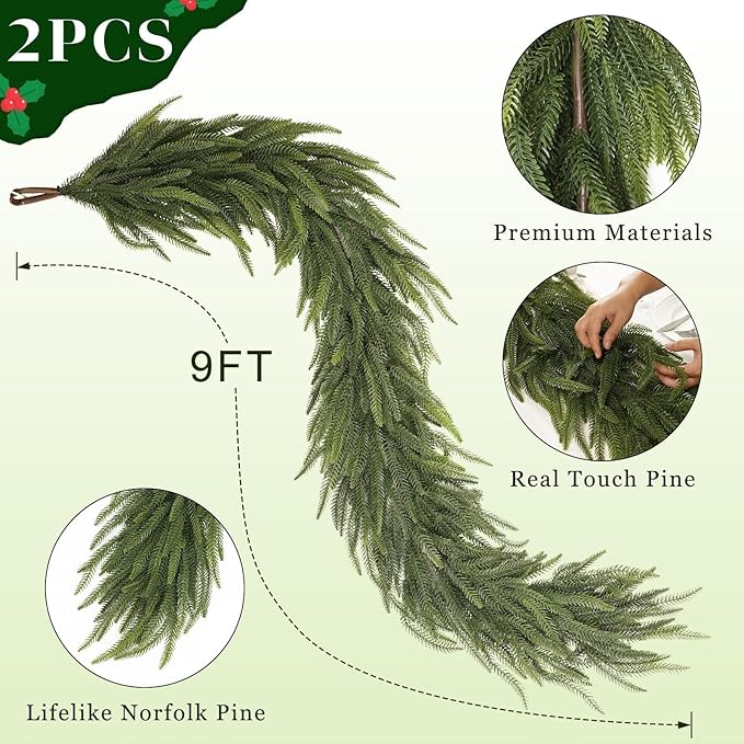 9FT Christmas Norfolk Pine Garland -2PCS, Artificial Pine Needles Garlands Faux Greenery Fake Garland for Holiday Fireplace,Table,Window,Stairs,Mante,Indoor Outdoor Decor-Ruum Studio Home