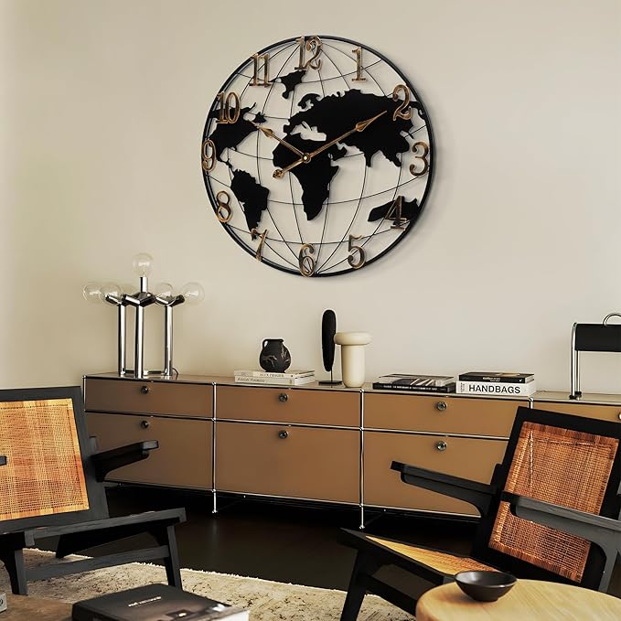 Large Round Metal World Map Clock - 16 Inch Minimalist Modern Silent Non-Ticking Battery Operated Wall Clock for Living Room, Kitchen, Office, Farmhouse Home Decor-Ruum Studio Home