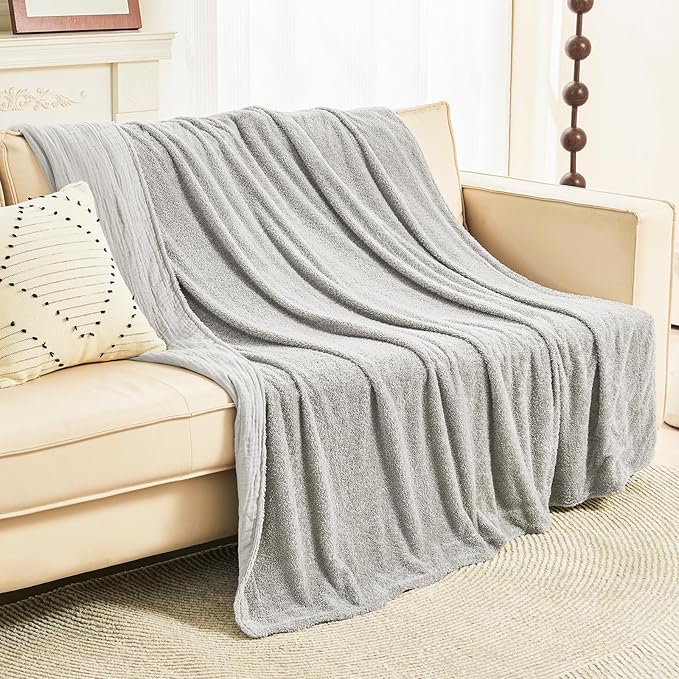 EMME Muslin and Fleece Twin Blanket Reversible - 60"*80" Grey Soft Warm Throw Blankets for Couch Bed Picnic Travel Bed-Ruum Studio Home