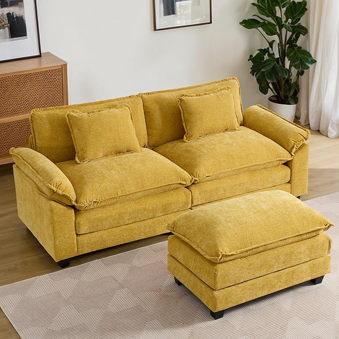URRED Modular Sectional Sofa Comfy Cloud Couch, Modern Chenille Sofa Sleeper Deep Seat Couches with Ottoman/Pillows for Living Room (Yellow, 82.6''- L Shape)-Ruum Studio Home