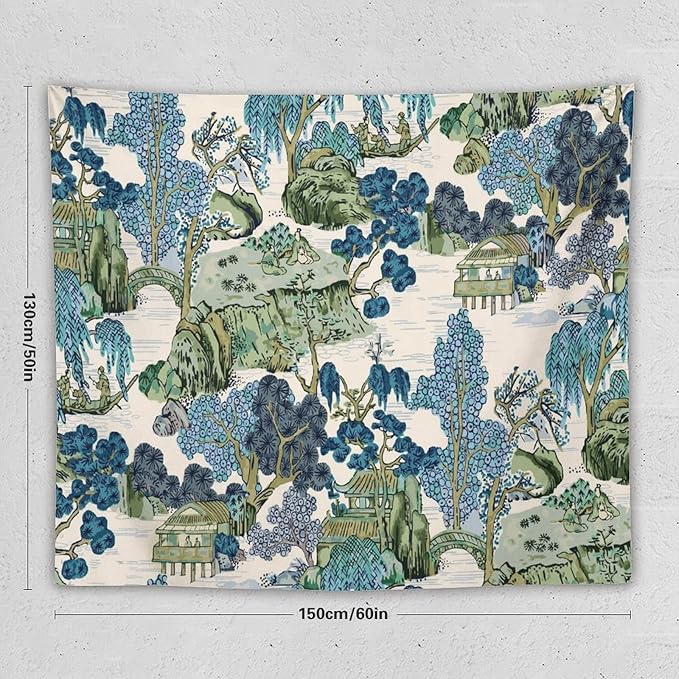 Chinoiserie Tapestry,Asian Watercolor Abstract Art Tapestry,Asian Japanese Wall Tapestry, Nature Landscape Tapestries for Bedroom Living Room Decor 60"x50"-Ruum Studio Home