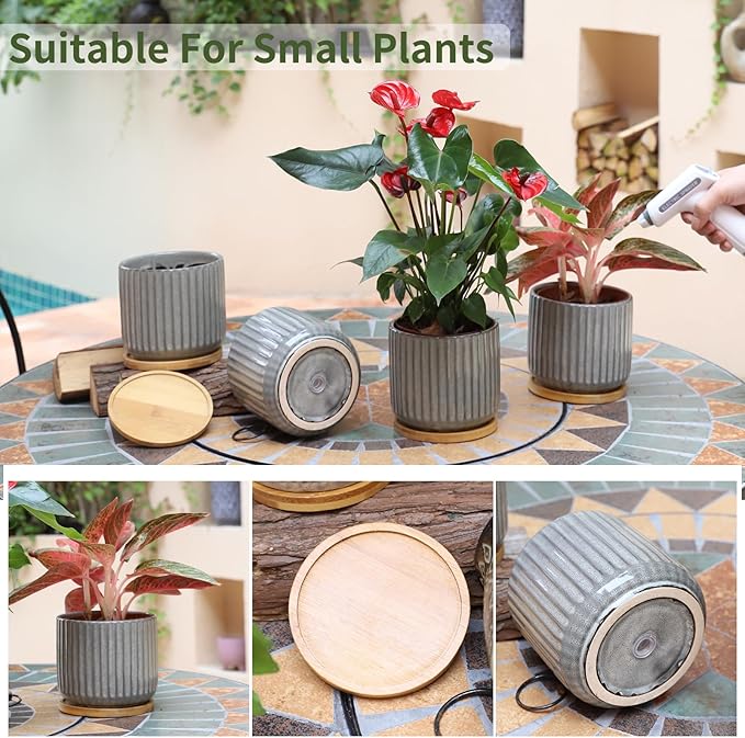 TAMAYKIM 5.25 Inch Ceramic Plant Pots with Drainage Holes and Saucers, Modern Flower Pots with Trays for Indoor Planters, Snake Plant, Succulent, Cactus and Herbs, Set of 4-Ruum Studio Home