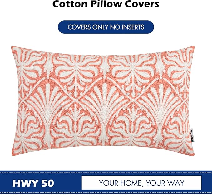 HWY 50 Pink Decorative Lumbar Pillow Cover Rectangle 12x20 Inch (1 Piece), Embroidered Cotton Farmhouse Cushion Cover Pillow Case for Sofa Couch Living Room Bed, Minimalist Floral-Ruum Studio Home