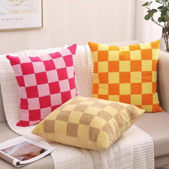 Alysheer Checkered Embroidered Decorative Throw Pillow Covers 18"x 18" Set of 2, Farmhouse Cottage Cream Ivory Plaid Tufted Patterned Cotton Canvas Cushion Case for Sofa Couch Bed Living Room-Ruum Studio Home