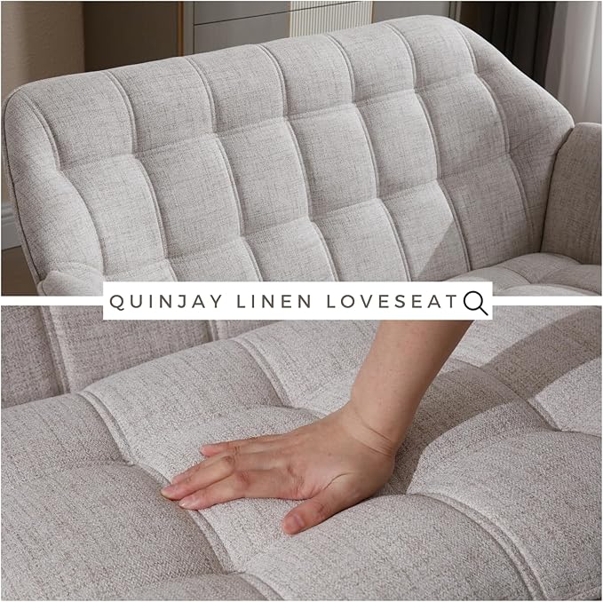 48" Small Loveseat Sofa, Modern Linen Fabric Mini Sofa Couch 2-Seater Love Seat with Quilting Backs and Wood Legs for Living Room, Bedroom and Small Space, Beige-Ruum Studio Home