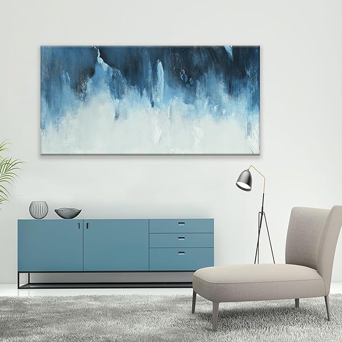 Canvas Wall Art Decor White Blue Wall Art Decor Abstract Art Decoration Pictures For Living Room Art Work Modern Abstract Wall Art Paiintings Prints for Home Bedroom Office Room Wall Decor 24" x 48"-Ruum Studio Home