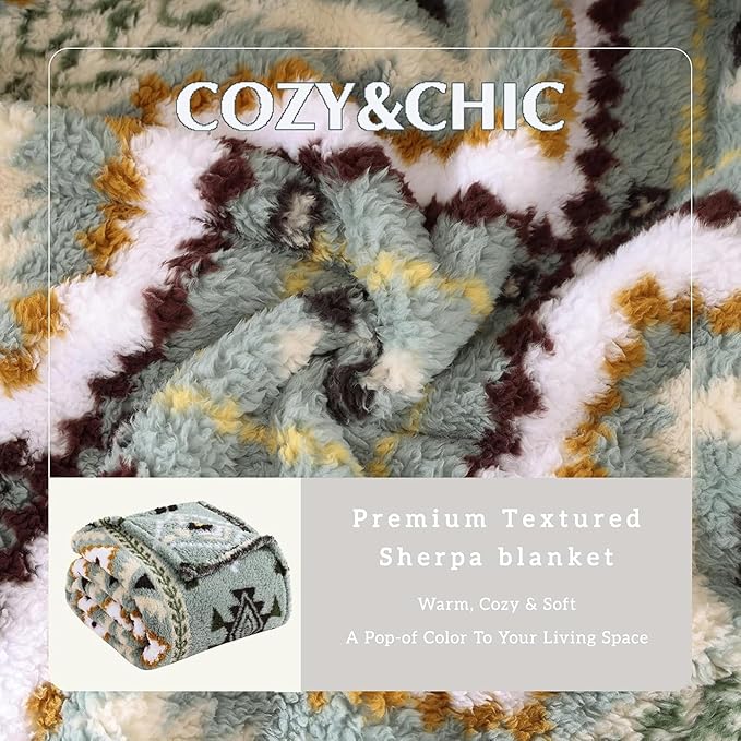CASAAGUSTO Boho Sherpa Throw Blanket, Aztec Queen Blanket, Ultra Soft, Warm, Cozy, Plush, Thick Fleece Bohemian Throw Blanket for Couch, Bed, Sofa (Olive Green 90 * 90 Inch)-Ruum Studio Home
