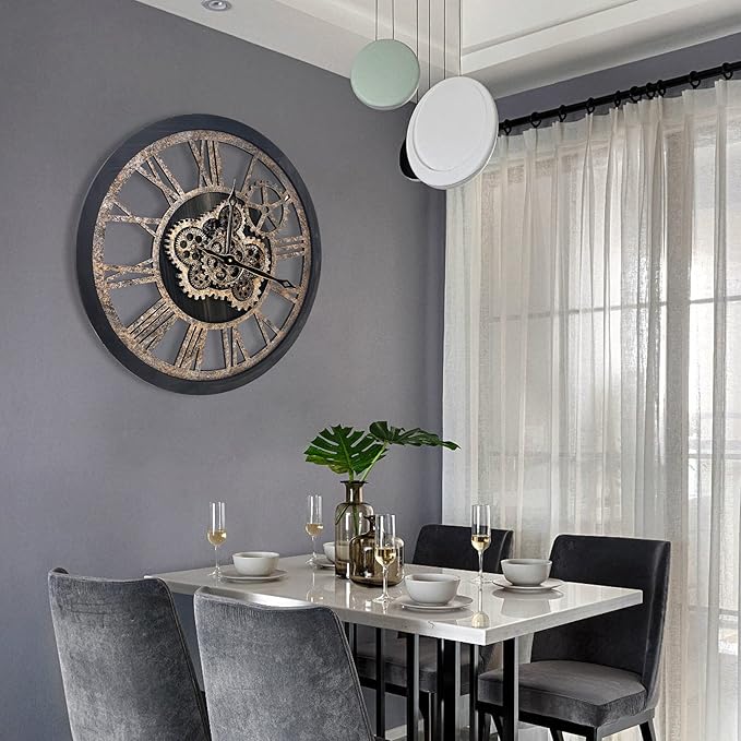 The B-Style Large Wall Clock 18 inch Moving Gear Wall Clock Oversized Vintage Farmhouse Wall Clocks for Living Room Decor Rustic Industrial Wood Clock (Black)-Ruum Studio Home