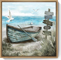 Framed Wall Art Beach Décor Ocean Canvas Picture Coastal Artwork Sea Bird Boat Blue Tan Small Rustic Beachy Canvas Print for Bathroom Bedroom Living Room-Ruum Studio Home