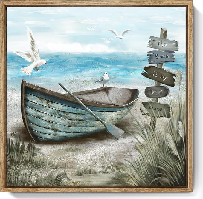Framed Wall Art Beach Décor Ocean Canvas Picture Coastal Artwork Sea Bird Boat Blue Tan Small Rustic Beachy Canvas Print for Bathroom Bedroom Living Room-Ruum Studio Home