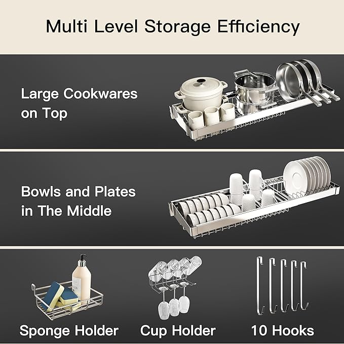 3 Tier Extra Large Stainless Steel Expandable Over The Sink Dish Drainer Drying Rack, Rust Proof Metal, Space Saving, Modern Silver Big Capacity Extendable Plate Strainers Above Kitchen Counter-Ruum Studio Home
