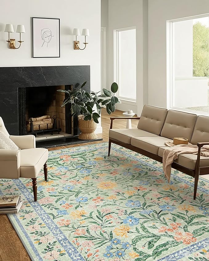 Wonnitar Machine Washable 5x7 Area Rug, Boho Floral Rugs for Living Room Non-Slip, Soft Pink and Green Flower Ultra-Thin Non Shedding Carpet for Bedroom Dining Room Nursery-Ruum Studio Home