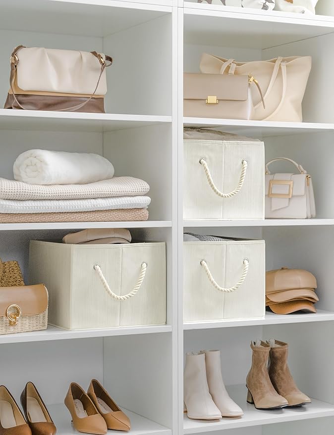 StorageWorks Storage Baskets for Shelves, Foldable Fabric Closet Storage Bins with Handles, Fabric Storage Bins Clothes Organizer, Beige, White & Ivory, 3-Pack, Extra Large-Ruum Studio Home
