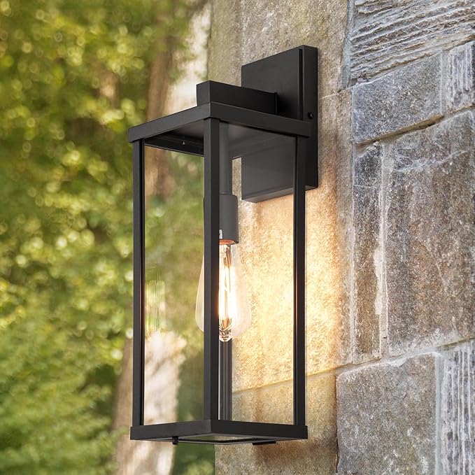 mirrea 18" Classic Outdoor Wall Sconce 1 Light in Matte Black Rectangular Metal Frame and Clear Glass Shade Waterproof Porch Light Patio Light Pack of 2-Ruum Studio Home