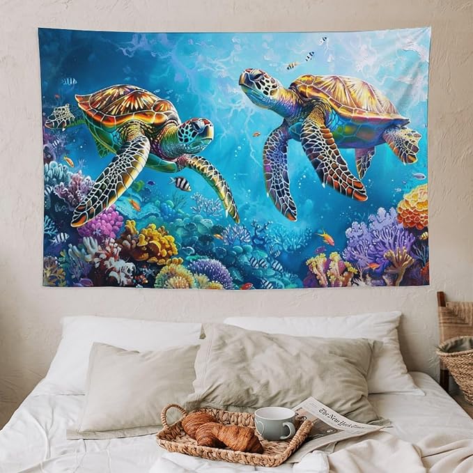 Sea Turtle Tapestry Ocean Tapestries Fabric Wall Hanging Aesthetic Space Coastal Indoor Outdoor Wall Art Tablecloth Bedspread Decoration for Bedroom Dormitory Living Room Home Decor 40"x60"-Ruum Studio Home