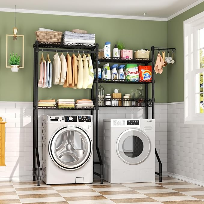 Over Washer and Dryer Shelves,Heavy Duty Laundry Room Storage Organization Clothes Drying Rack,5 Tier Adjustable Height Wire Shelving and Wire Basket with Hanger Rod&Hook,Space Saving Shelf-Ruum Studio Home
