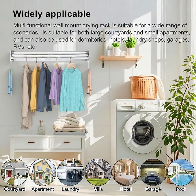 Wall Mounted Drying Rack, Foldable Laundry Rack, Collapsible Drying Rack, 5 Stainless Rods, Wall Mounted Clothing Rod with 2 Towel Bar, 90 lb Capacity, 31.5" White-Ruum Studio Home
