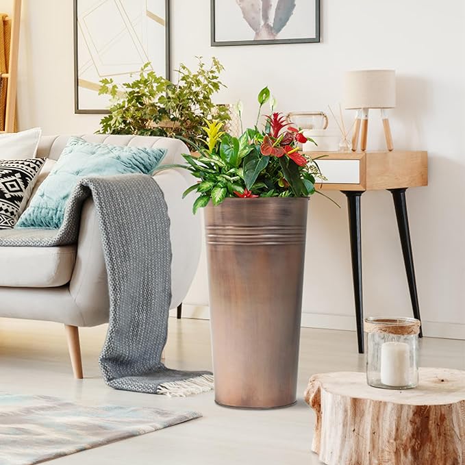 KOL 22''H 2-Pack Planter with Water Level Indicator - Galvanized Steel Pot - Self Watering Planters Flower Pot for Plant - Inner Pot Design - Round Metal Planter Box - Indoor Outdoor Planting - Bronze-Ruum Studio Home
